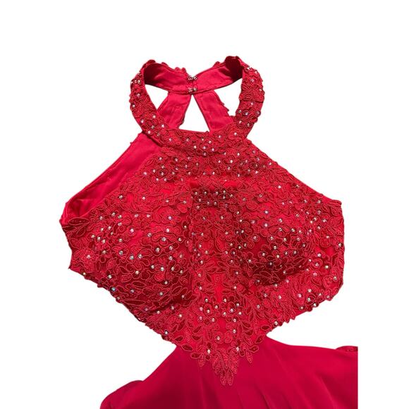 Betsy & Adam Red Rhinestone Halter Evening Gown Formal Dress - Size 4 - Picture 16 of 16